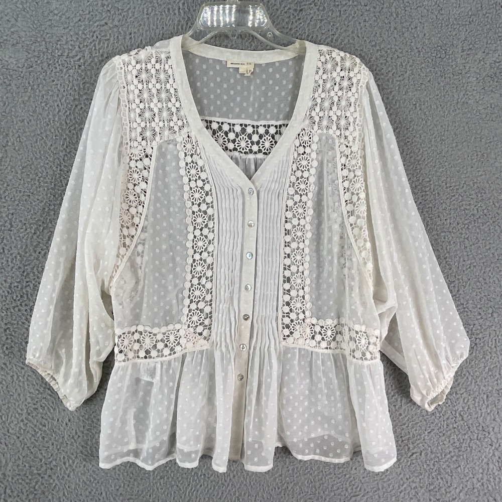 Meadow Rue Blouse Womens L White Swiss Dot Crochet Lace Peplum Boho Top